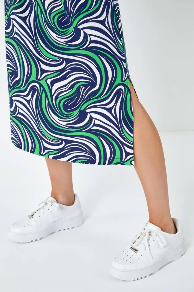 Green Sleeveless Swirl Print Midi Dress Women Roman Dresses