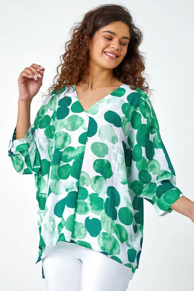 Green Spot Print Relaxed VNeck Woven Top Women Roman Tops