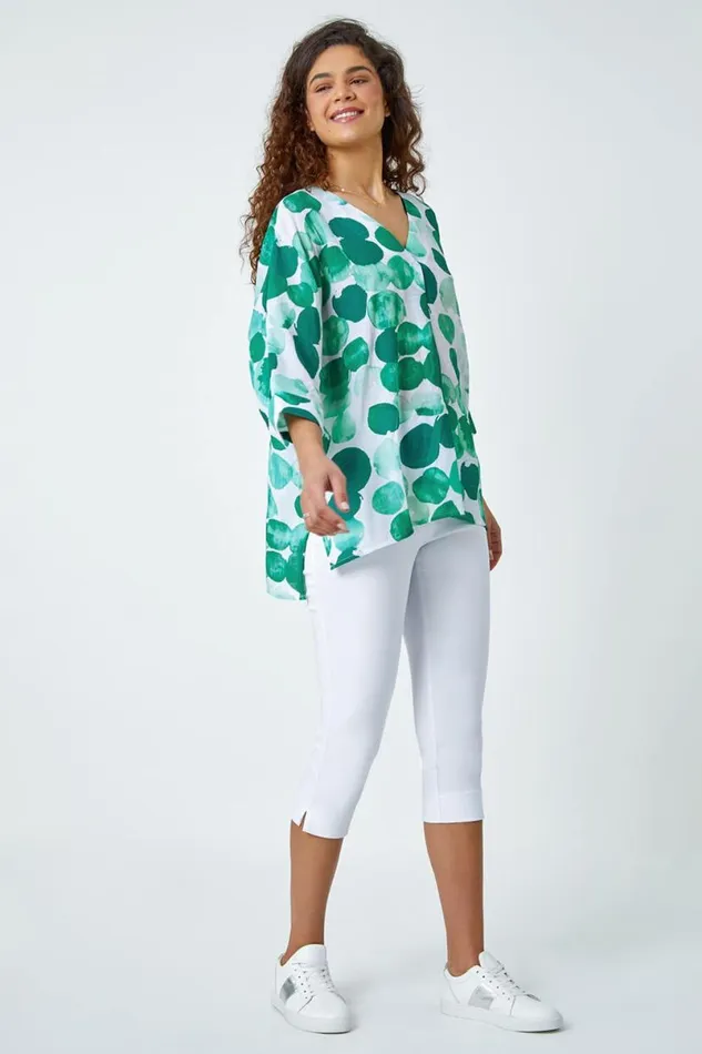Green Spot Print Relaxed VNeck Woven Top Women Roman Tops