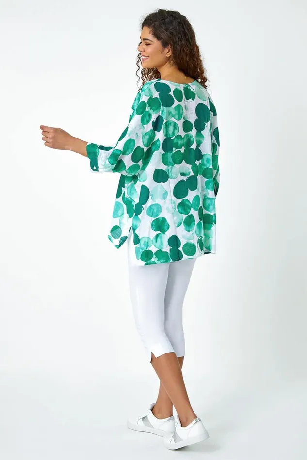 Green Spot Print Relaxed VNeck Woven Top Women Roman Tops