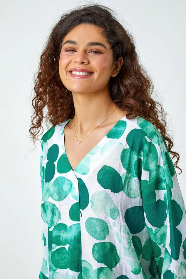 Green Spot Print Relaxed VNeck Woven Top Women Roman Tops
