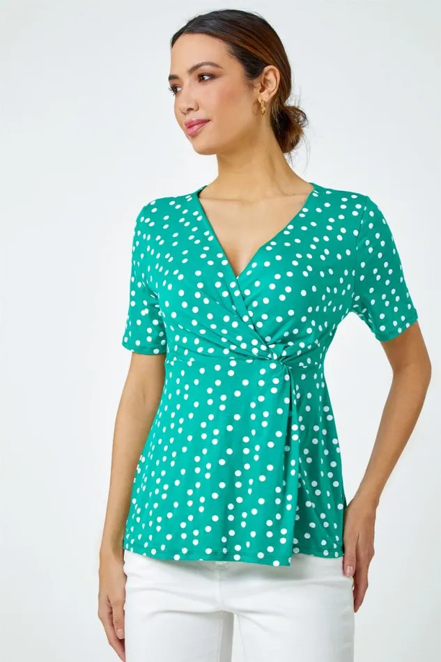 Green Spot Print Side Twist VNeck Wrap Top Women Roman Tops