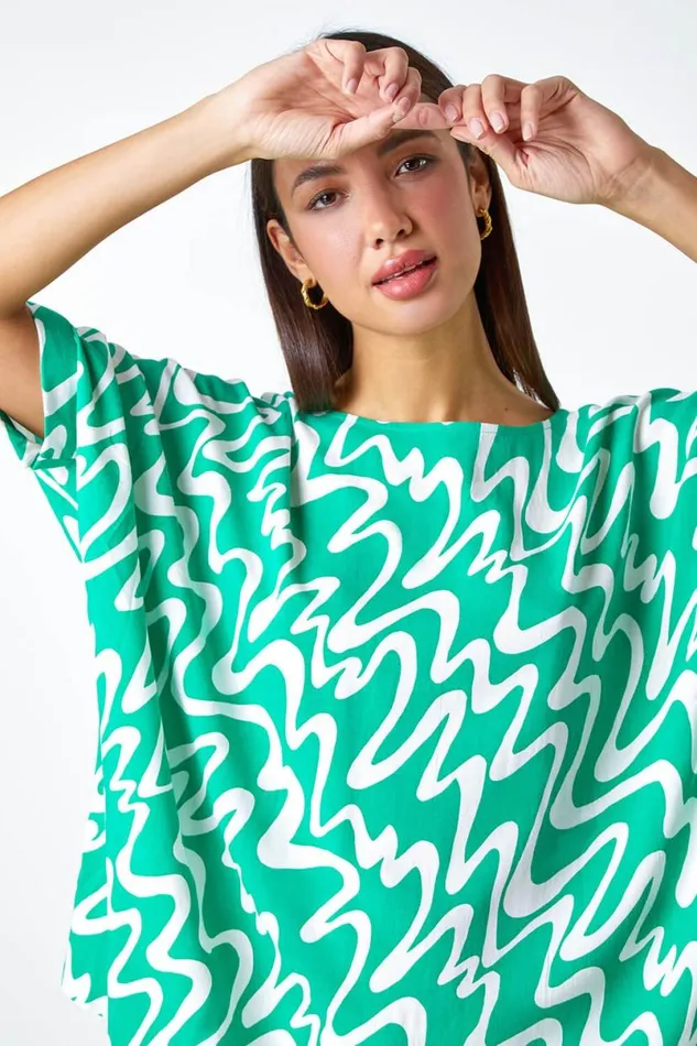 Green Swirl Print Button Back Tunic Top Women Roman Tops