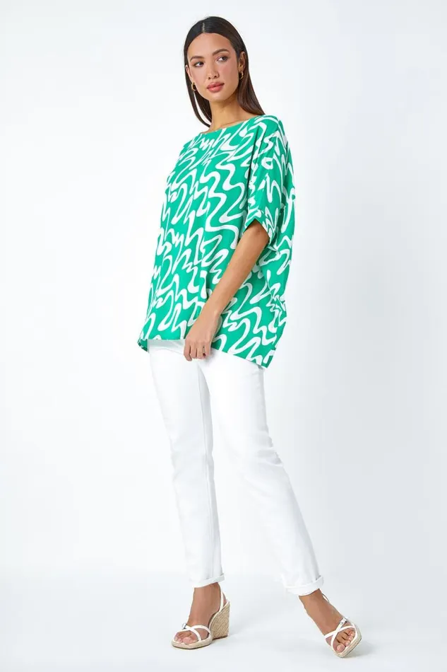 Green Swirl Print Button Back Tunic Top Women Roman Tops