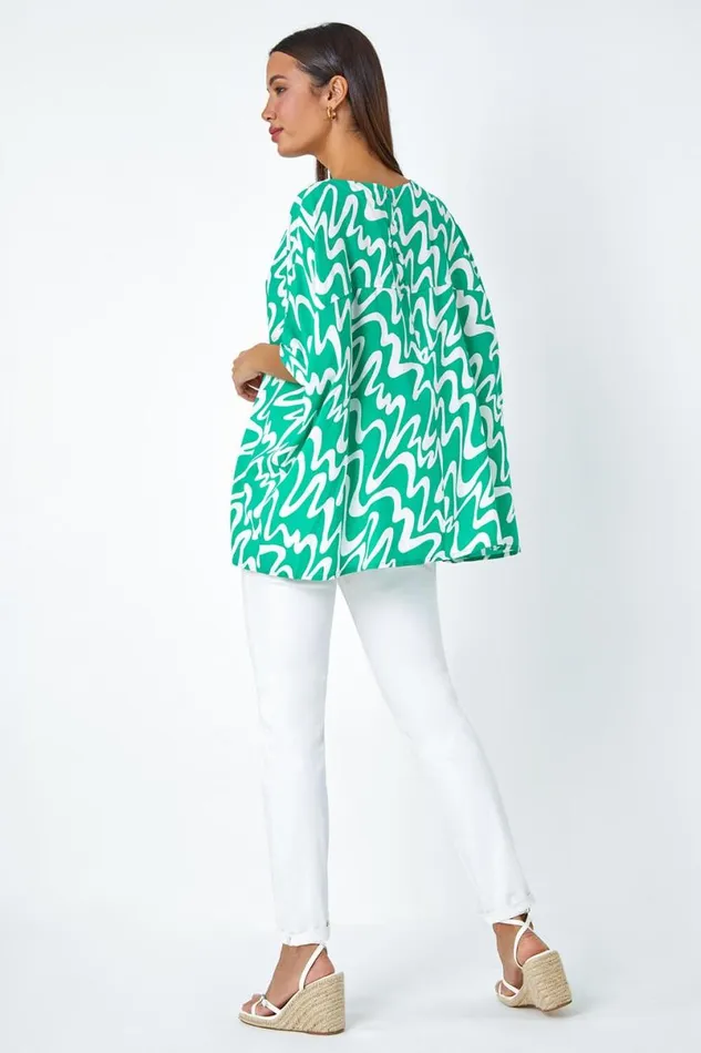 Green Swirl Print Button Back Tunic Top Women Roman Tops
