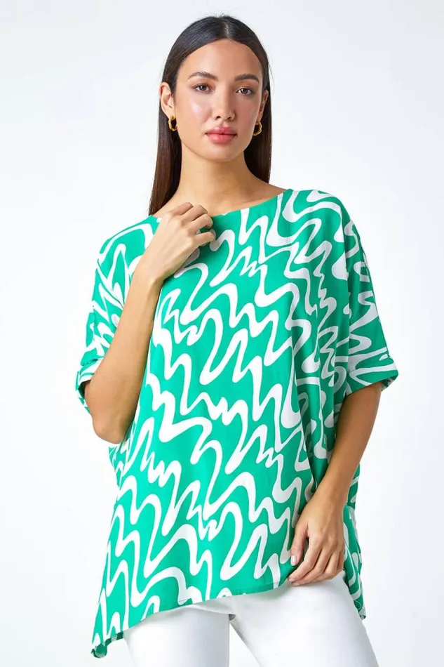 Green Swirl Print Button Back Tunic Top Women Roman Tops