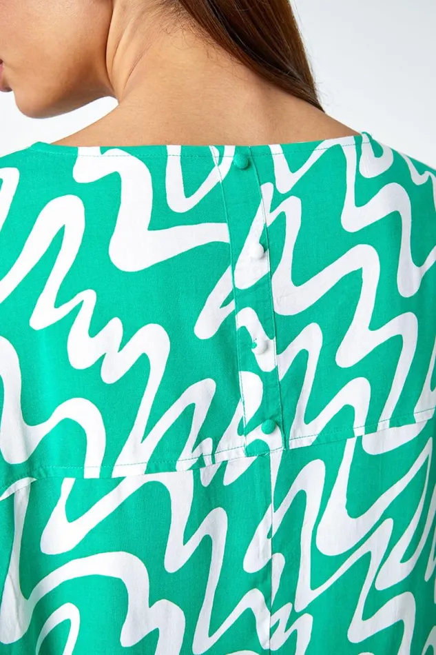 Green Swirl Print Button Back Tunic Top Women Roman Tops