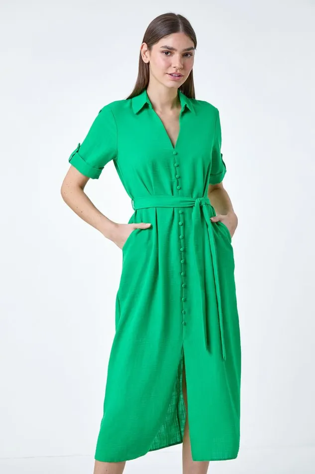 Green Textured Belted Midi Shirt Dress Women Roman Dresses