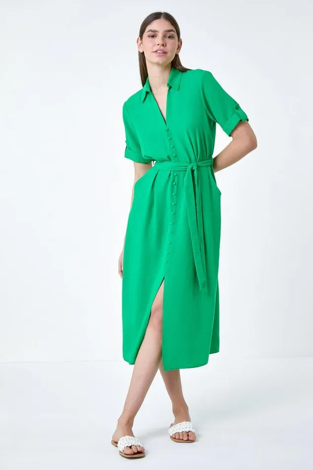 Green Textured Belted Midi Shirt Dress Women Roman Dresses