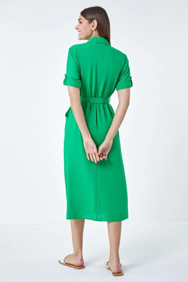 Green Textured Belted Midi Shirt Dress Women Roman Dresses