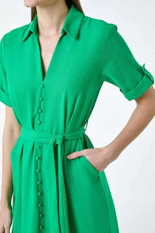 Green Textured Belted Midi Shirt Dress Women Roman Dresses
