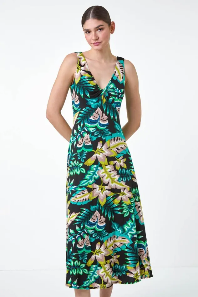 Green Twist Front Tropical Stretch Midi Dress Women Roman Dresses