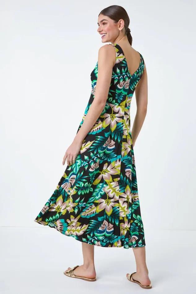 Green Twist Front Tropical Stretch Midi Dress Women Roman Dresses