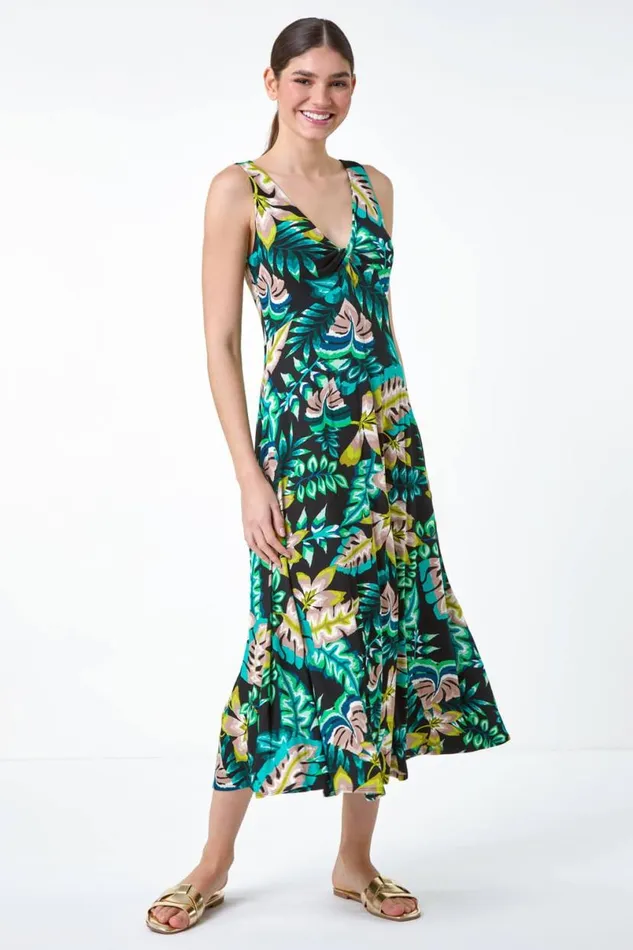 Green Twist Front Tropical Stretch Midi Dress Women Roman Dresses