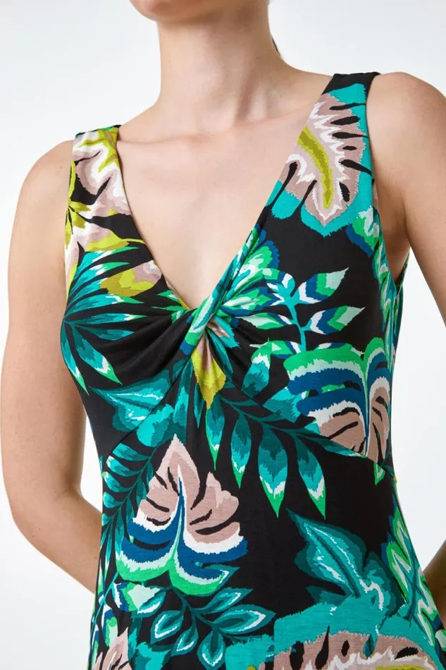 Green Twist Front Tropical Stretch Midi Dress Women Roman Dresses