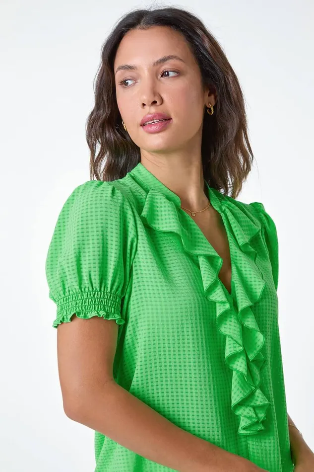 Green Waffle Textured VNeck Frill Detail Top Women Roman Tops