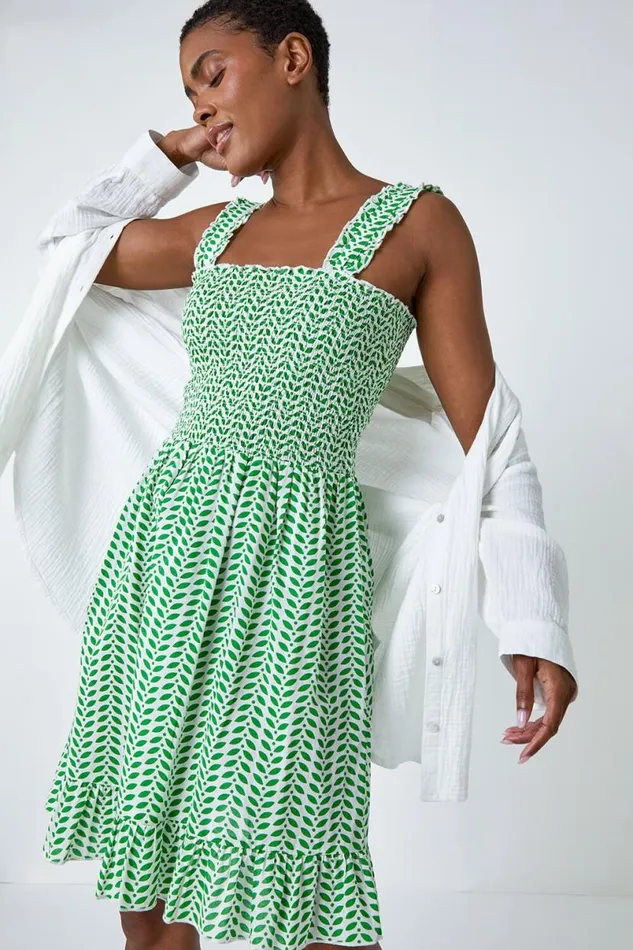 Green Zig Zag Print Shirred Cotton Dress Women Roman Dresses