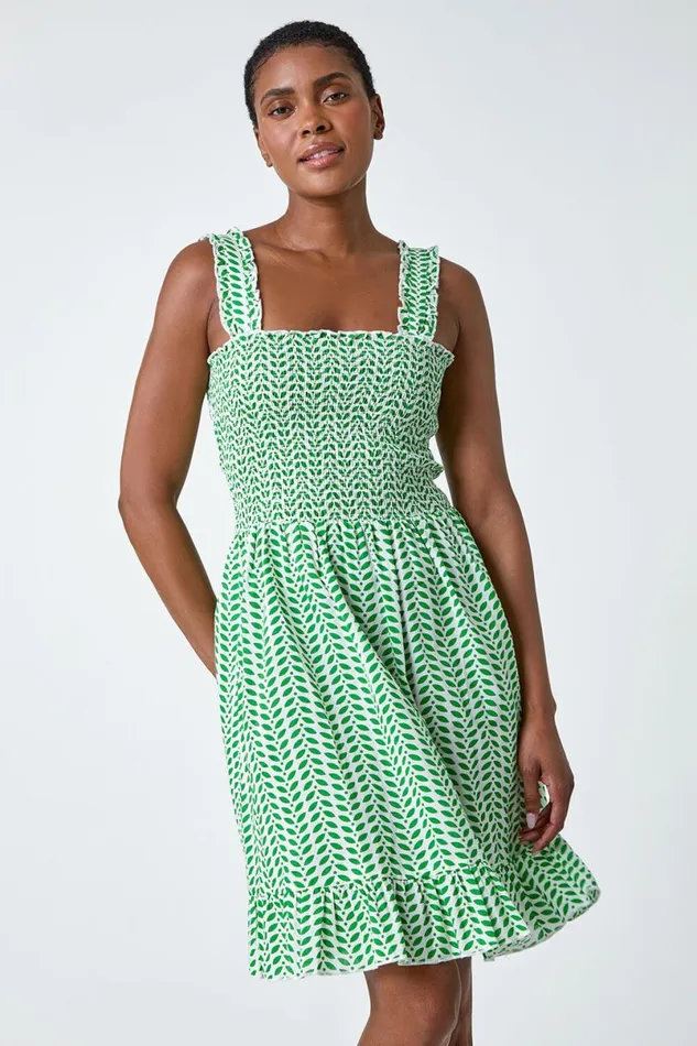 Green Zig Zag Print Shirred Cotton Dress Women Roman Dresses