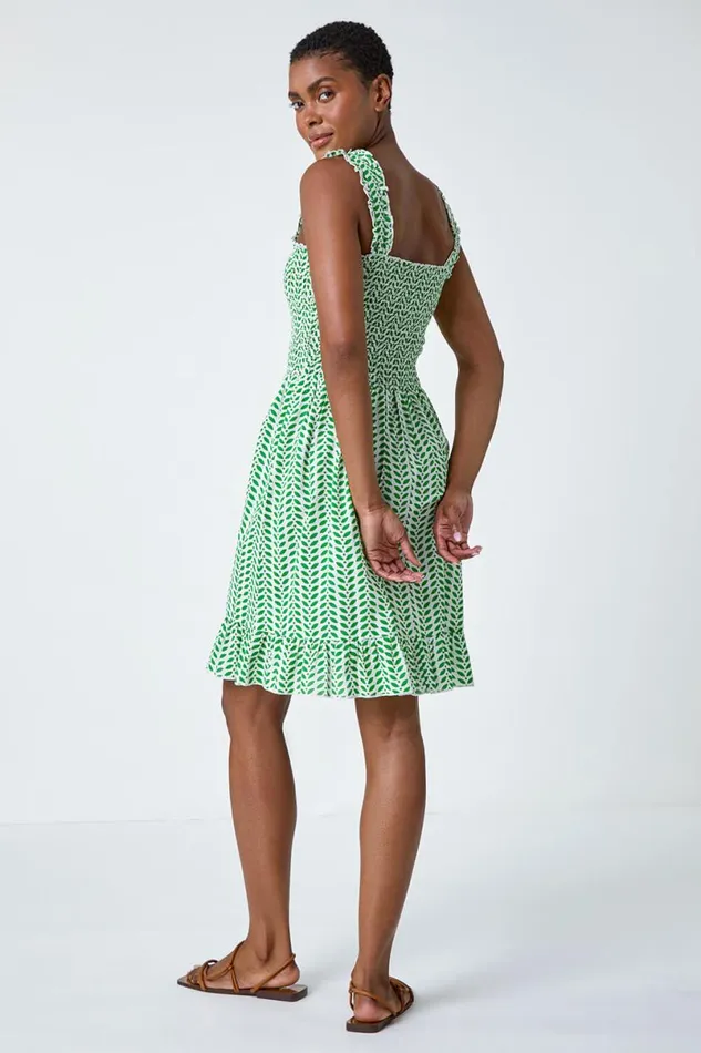 Green Zig Zag Print Shirred Cotton Dress Women Roman Dresses