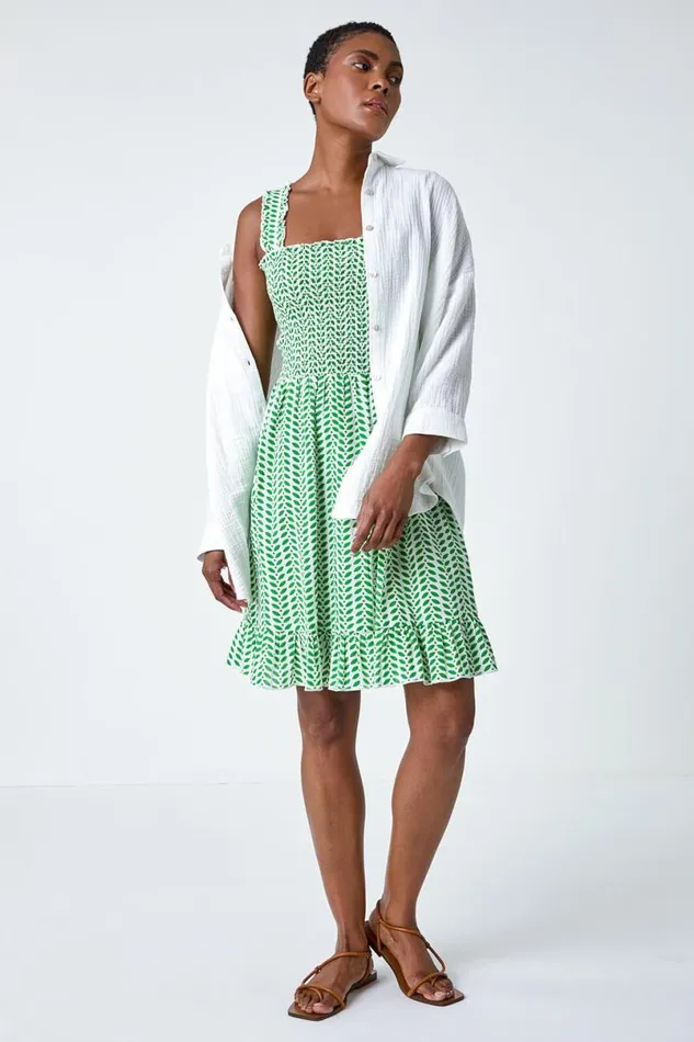 Green Zig Zag Print Shirred Cotton Dress Women Roman Dresses