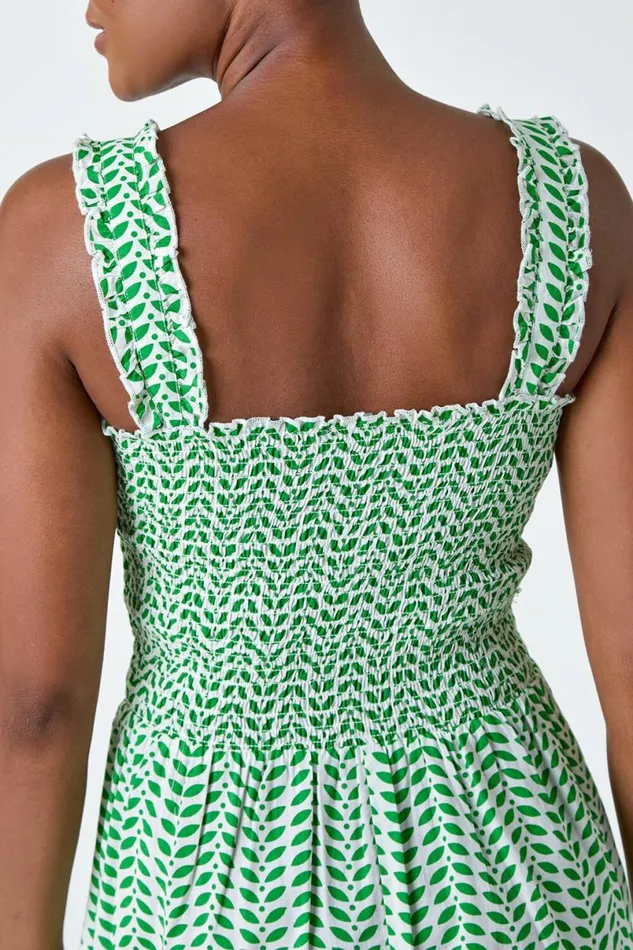 Green Zig Zag Print Shirred Cotton Dress Women Roman Dresses