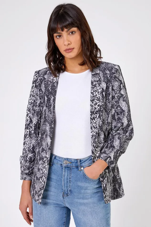Grey Animal Ruched 34 Sleeve Blazer Jacket Women Roman Jackets