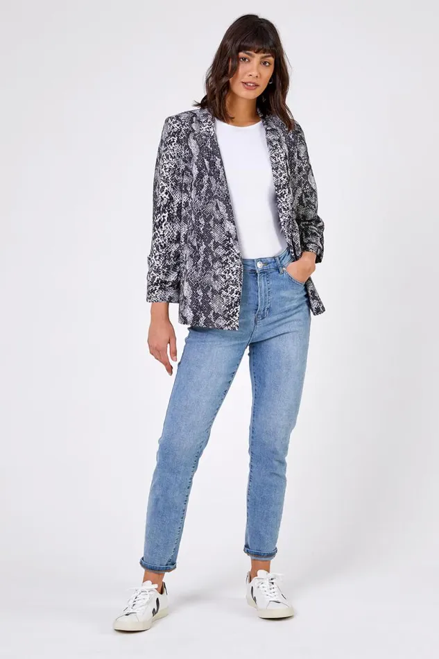 Grey Animal Ruched 34 Sleeve Blazer Jacket Women Roman Jackets