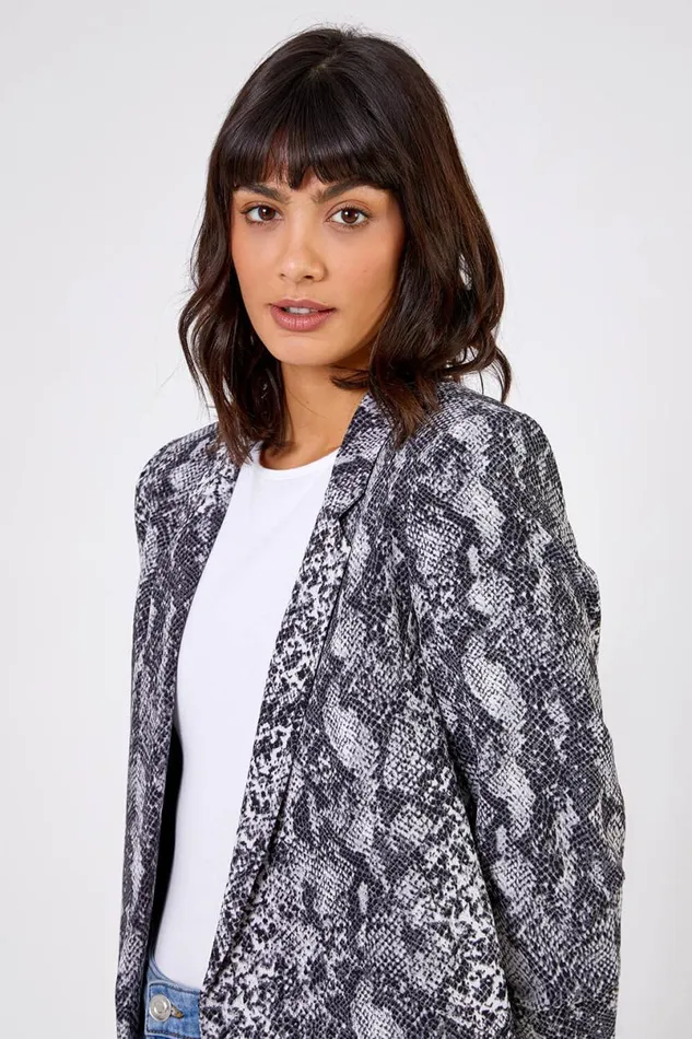 Grey Animal Ruched 34 Sleeve Blazer Jacket Women Roman Jackets