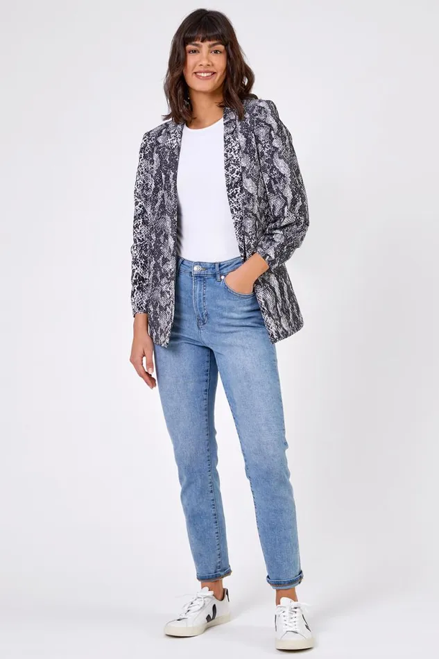 Grey Animal Ruched 34 Sleeve Blazer Jacket Women Roman Jackets