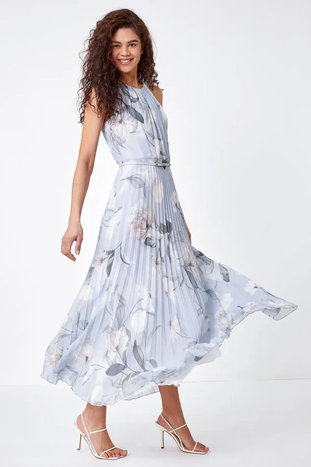 Grey Floral Pleated Chiffon Maxi Dress Women Roman Dresses