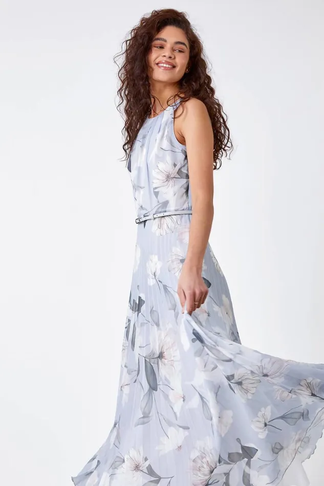 Grey Floral Pleated Chiffon Maxi Dress Women Roman Dresses