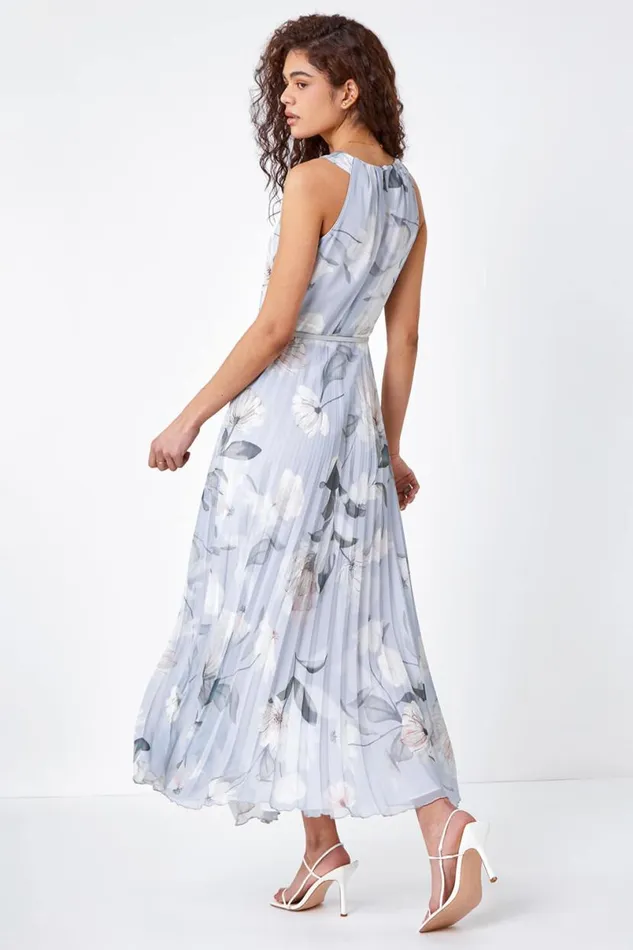 Grey Floral Pleated Chiffon Maxi Dress Women Roman Dresses