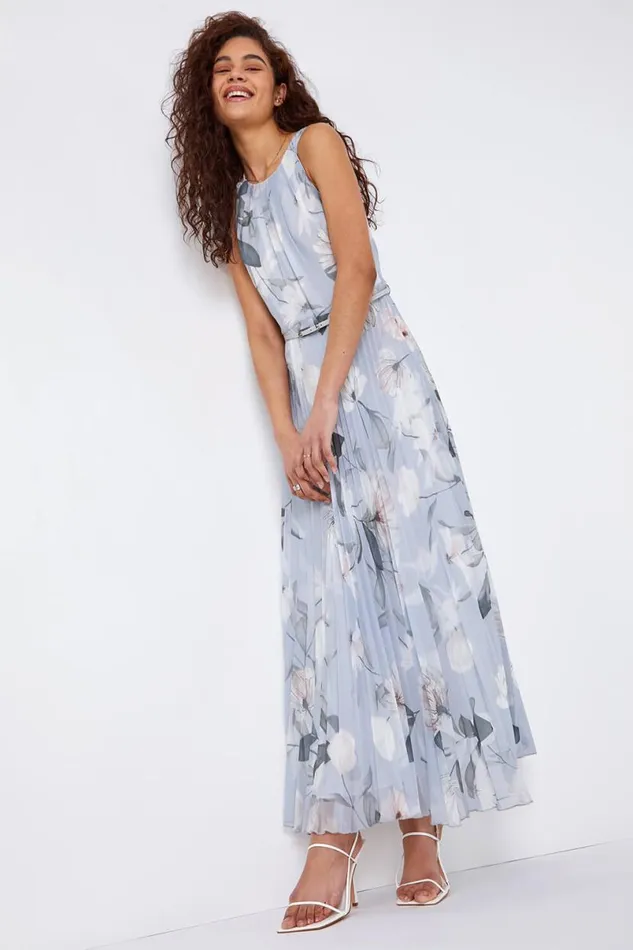 Grey Floral Pleated Chiffon Maxi Dress Women Roman Dresses