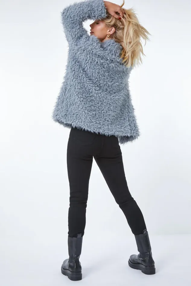 Grey Fluffy Textured Coat Women Roman Coats