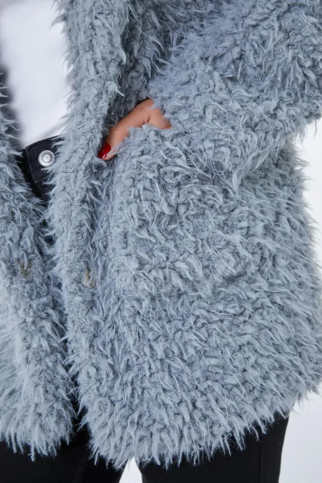 Grey Fluffy Textured Coat Women Roman Coats