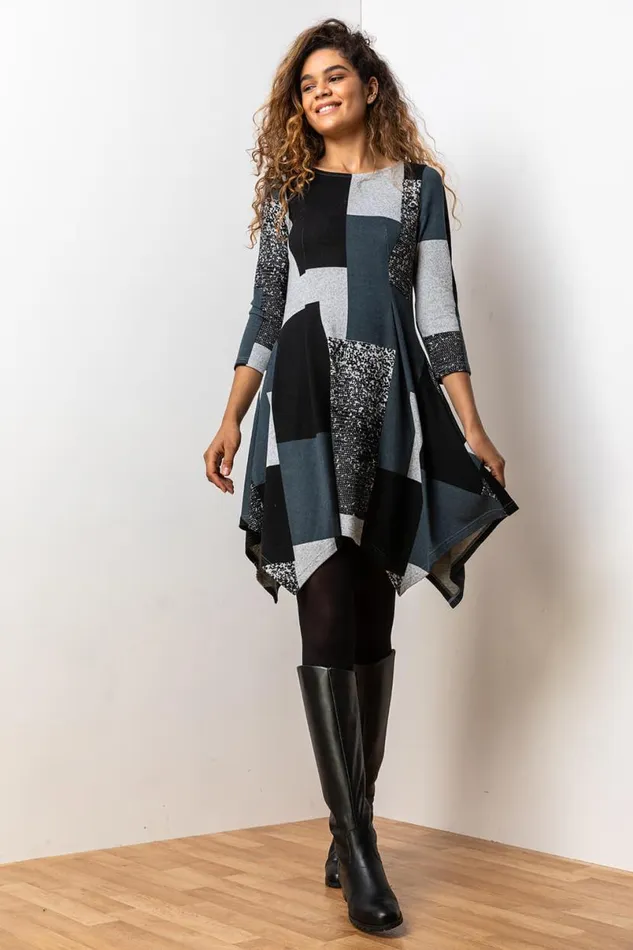 Grey Patchwork Print Hanky Hem Dress Women Roman Dresses
