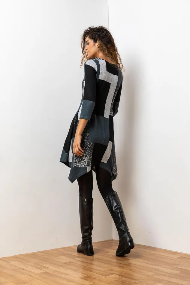 Grey Patchwork Print Hanky Hem Dress Women Roman Dresses