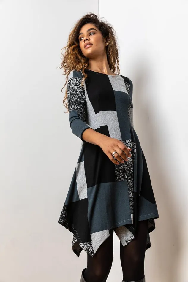 Grey Patchwork Print Hanky Hem Dress Women Roman Dresses