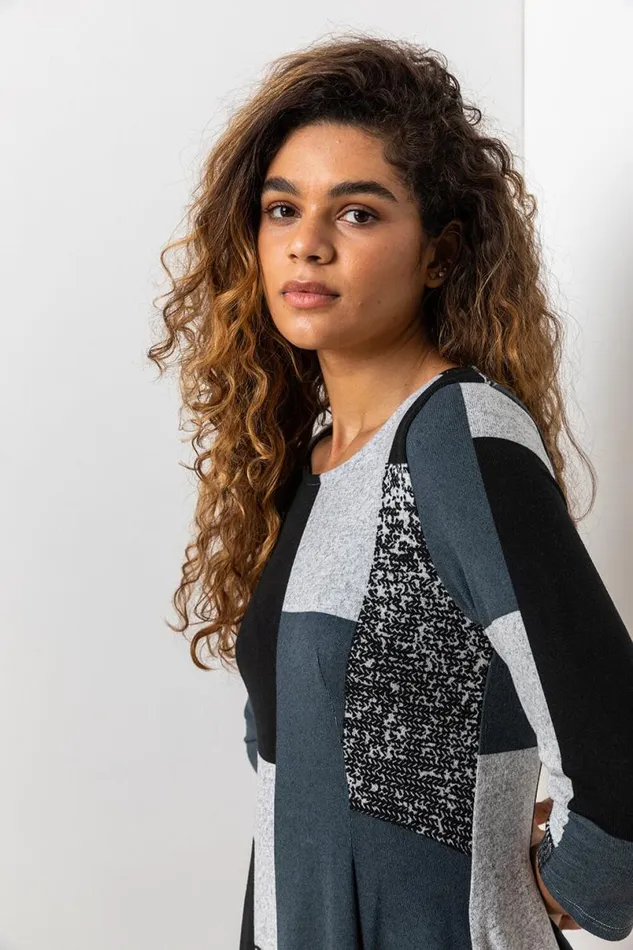 Grey Patchwork Print Hanky Hem Dress Women Roman Dresses