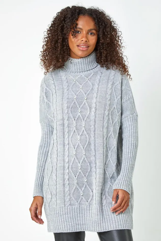 Grey Pearl Embellished Cable Knit Longline Jumper Women Roman Knitwear