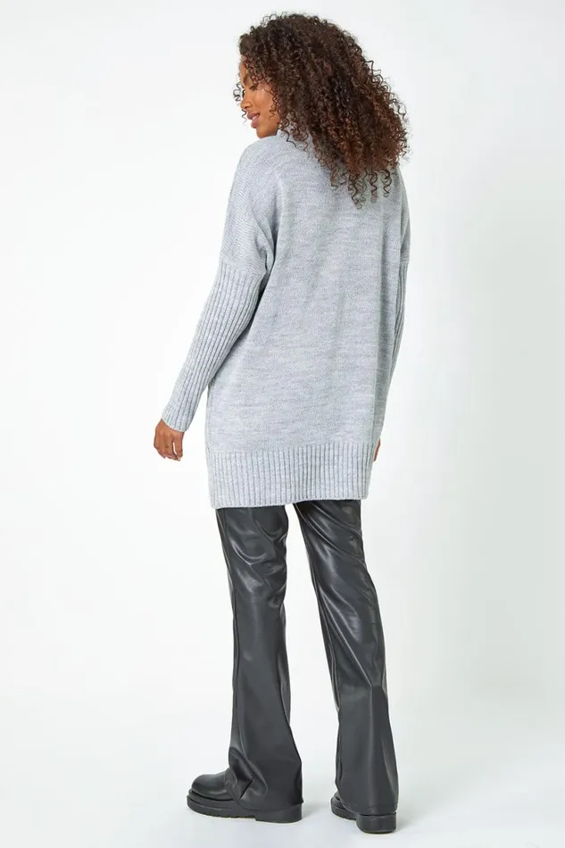 Grey Pearl Embellished Cable Knit Longline Jumper Women Roman Knitwear