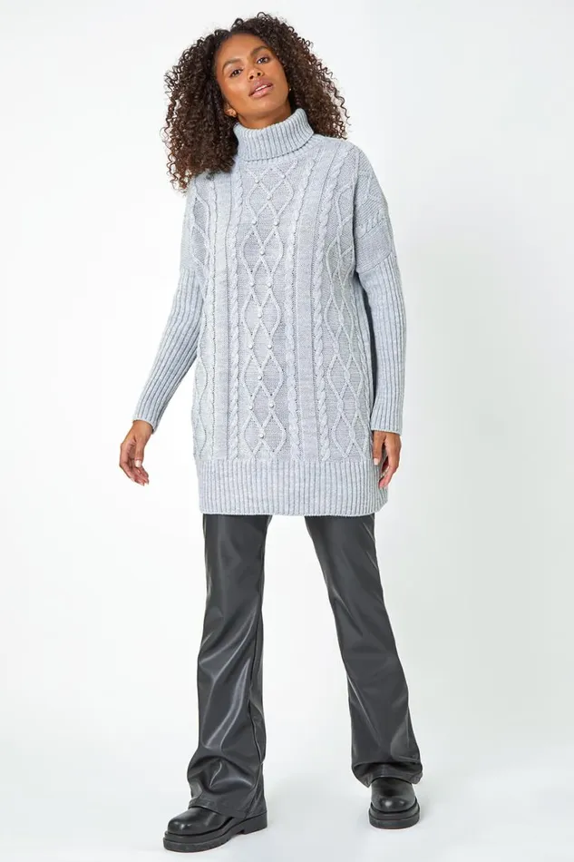 Grey Pearl Embellished Cable Knit Longline Jumper Women Roman Knitwear