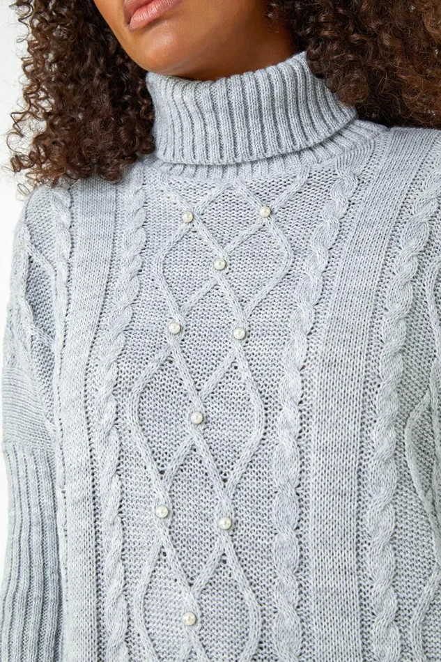 Grey Pearl Embellished Cable Knit Longline Jumper Women Roman Knitwear