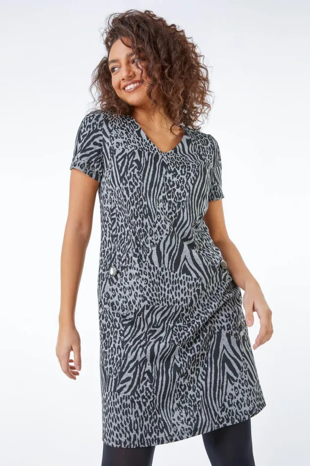 Grey Petite Animal Pocket Tunic Dress Women Roman Dresses