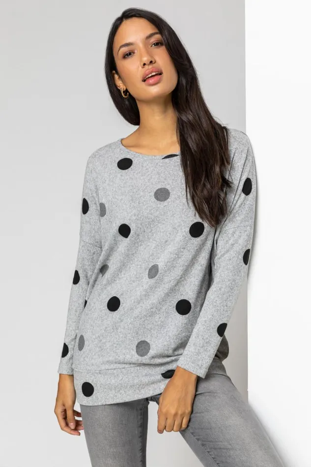 Grey Polka Dot Blouson Long Sleeve Jersey Top Women Roman Tops