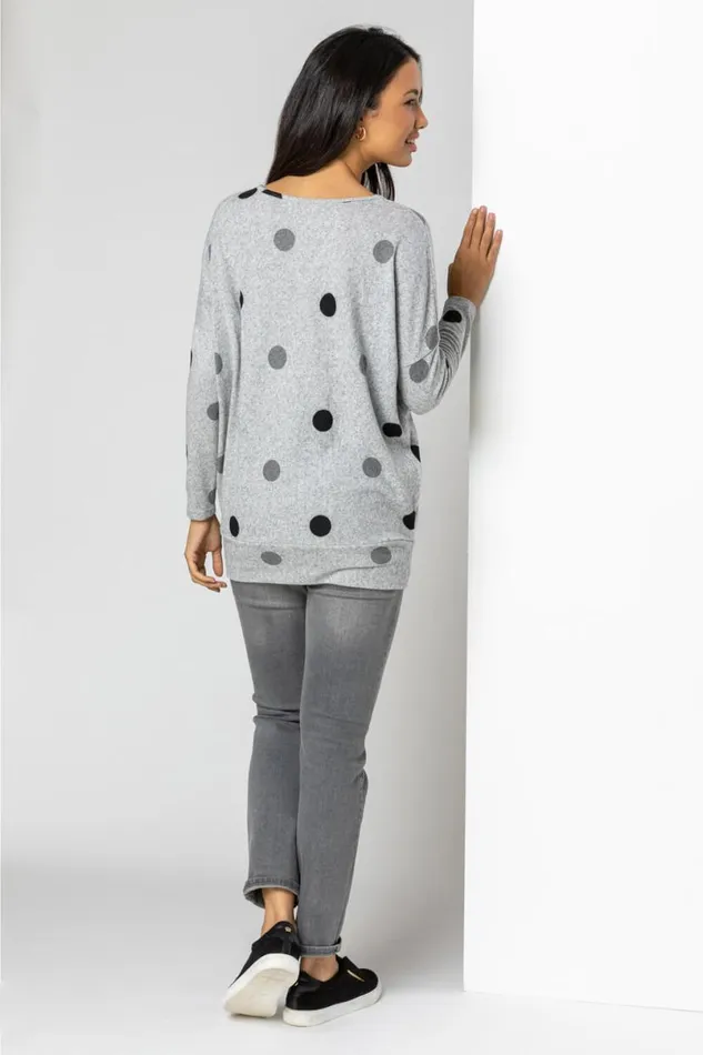 Grey Polka Dot Blouson Long Sleeve Jersey Top Women Roman Tops