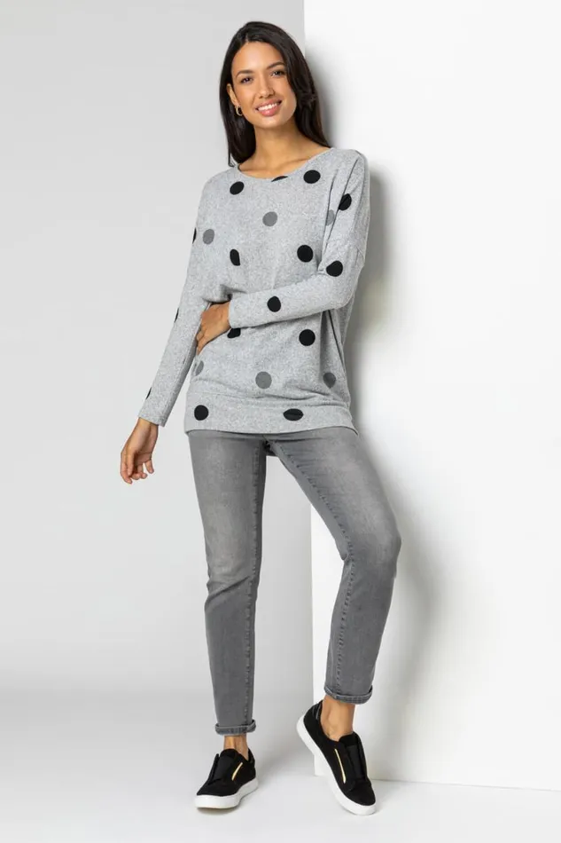 Grey Polka Dot Blouson Long Sleeve Jersey Top Women Roman Tops