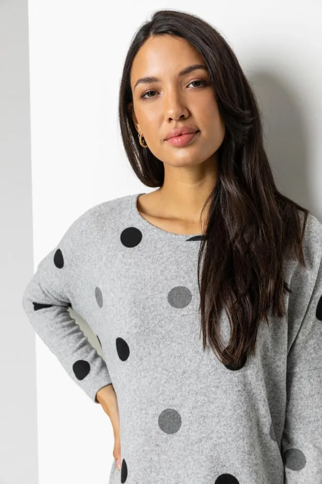 Grey Polka Dot Blouson Long Sleeve Jersey Top Women Roman Tops