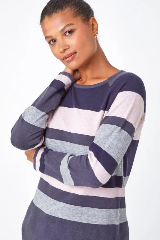 Grey Stripe Print Jumper Women Roman Knitwear