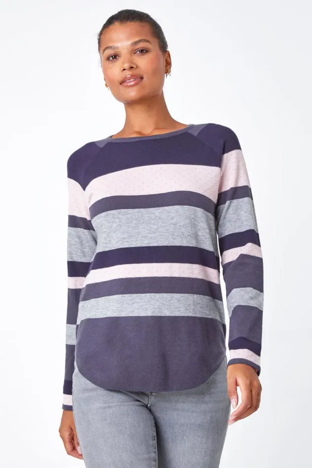 Grey Stripe Print Jumper Women Roman Knitwear